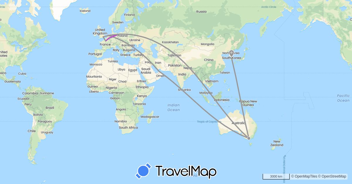 TravelMap itinerary: plane, train in United Arab Emirates, Australia, Belgium, Germany, United Kingdom, South Korea, Netherlands (Asia, Europe, Oceania)