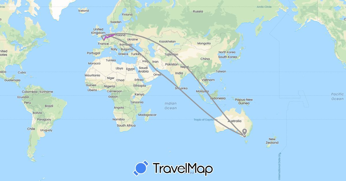 TravelMap itinerary: driving, plane, train in United Arab Emirates, Australia, Belgium, Germany, France, United Kingdom, Netherlands (Asia, Europe, Oceania)